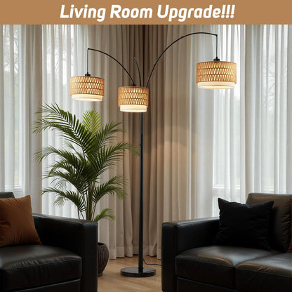 Rattan Floor Lamp for Living Room, 80 Inch Tall Boho Floor Lamp with Rotary Switch, 3 Lights Arc Lamp with Wicker Shade for Coastal,Bohemian,Tree Farmhouse Standing Lamp