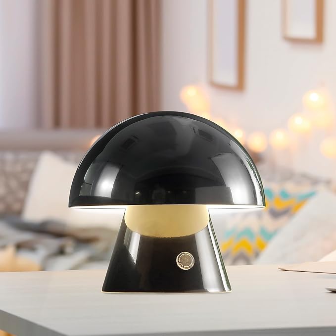 JONATHAN Y 7" Black Rechargeable Cordless Mushroom Table Lamp, Portable LED Nightstand Lamp for Bedroom Living Room, Metal Shade, 3-Way Dimmable Touch Sensor Modern Accent JYL7116A