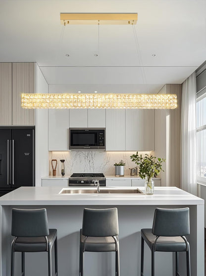 W48 Rectangular Gold Crystal Chandelier Modern Rectangle Pendant Ceiling Light Fixture for Living Room Dining Room Kitchen Island Bar