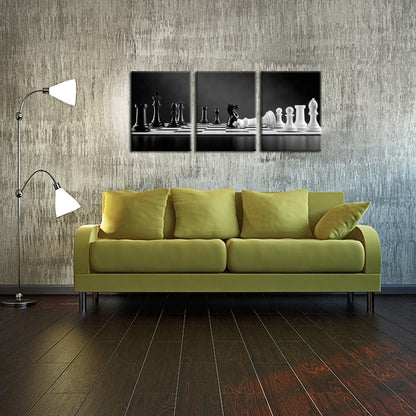 iKNOW FOTO 3 Panel Modern Black and White Chess Board Canvas Wall Art Poster Prints Checkmate Move on Chessboard Pictures Still Life Painting Framed Giclee Artwork for Office Decor 12x16inchx3pcs