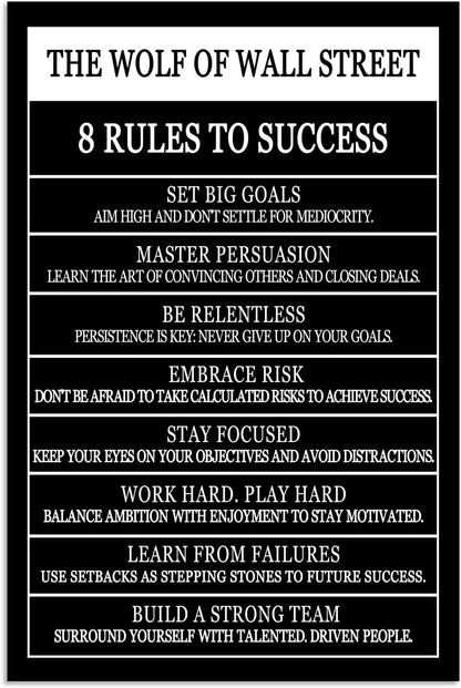 WYJDFART Inspirational Posters The Wolf Of Wall Street 8 Rules To Success Printed Canvas Painting Motivational Wall Art for Office Hallway Gym Bedroom Living Room Framed Ready to Hang[24" W X 36" H]