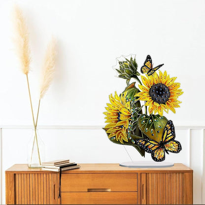Diamond Painting Kits for Adults Beginners, 5D Full Drill Sunflower Butterfly Crystal Art Desktop Ornament, DIY Single Sided Home Office Desk Decor, Creative Craft Gift Set with Tools