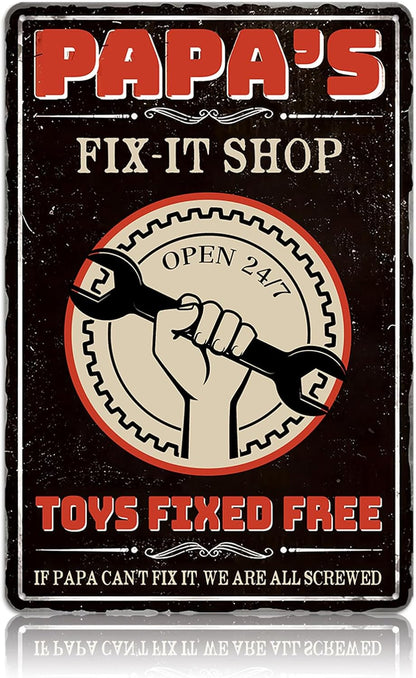 Papas Fix It Shop Metal Tin Signs for Garage Man Cave Decor Funny Papa Gifts - Vintage Tool Shop Papa's Workshop Signs, Father's Day Gifts Decorations 8x12 Inch