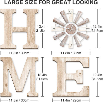 Farmhouse Home Signs with Windmill Clock Wall Decor Rustic Home Letters Wall Art for Living Room Kitchen Entryway Dining Room Bedroom (water-white)
