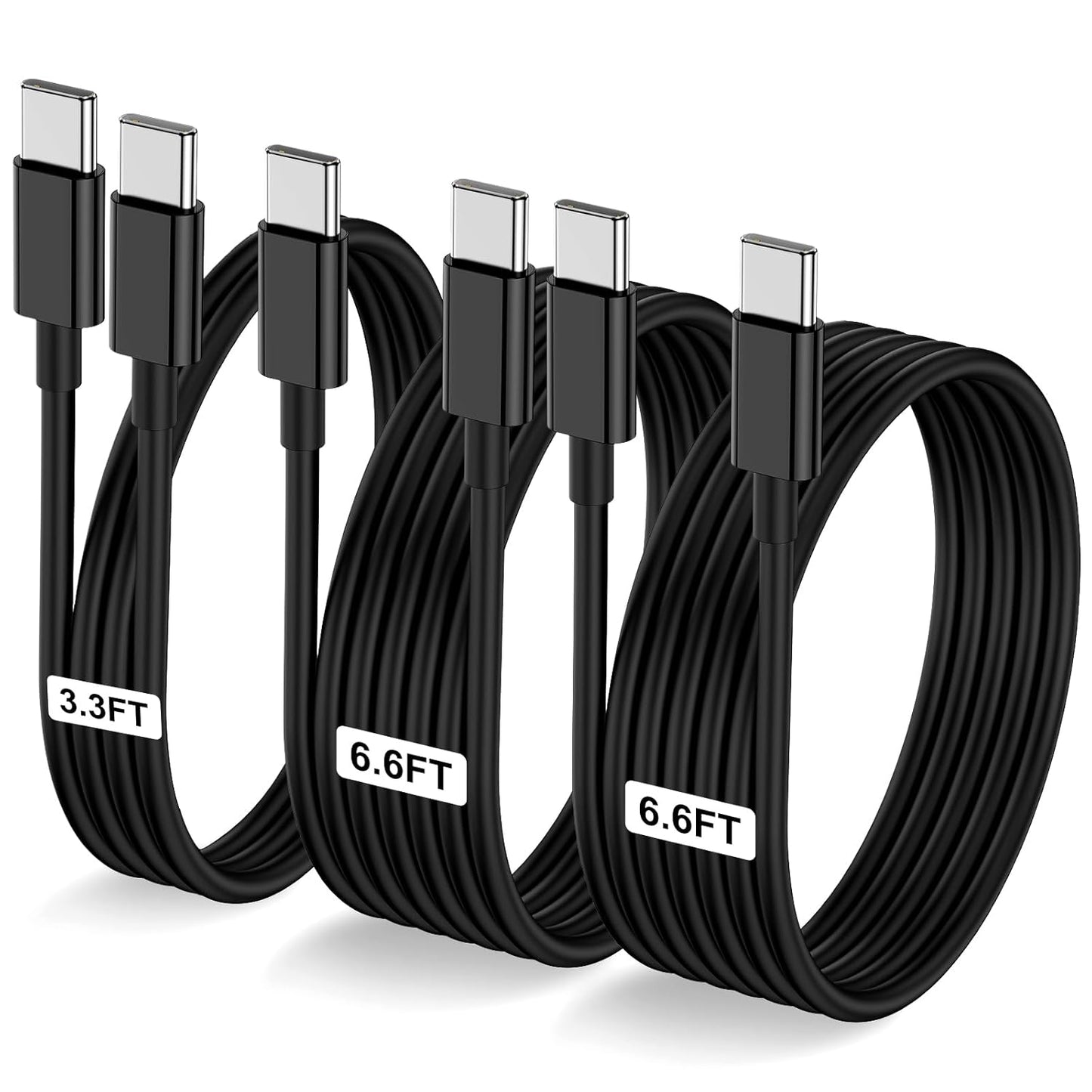 3-Pack Black [3.3FT+6.6FT+6.6FT] 60W USB C to USB C Cable, Type C Fast Charging Cable for iPhone 16 15 Pro Plus Pro Max，for Galaxy S24 S23, for iPad Pro/Air, for MacBook Pro/Air and More
