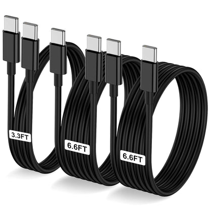 3-Pack Black [3.3FT+6.6FT+6.6FT] 60W USB C to USB C Cable, Type C Fast Charging Cable for iPhone 16 15 Pro Plus Pro Max，for Galaxy S24 S23, for iPad Pro/Air, for MacBook Pro/Air and More