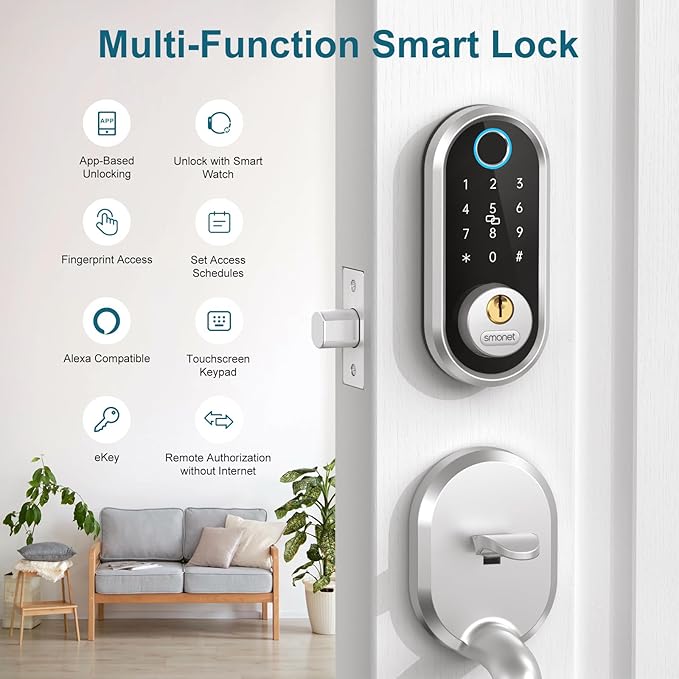 Smart Keyless Entry Door Lock - SMONET Fingerprint Electronic Deadbolt Touchscreen Keypad Biometric Digital Bluetooth Door Lock Smart Deadbolt Compatible with Alexa for Homes and Hotel Silver