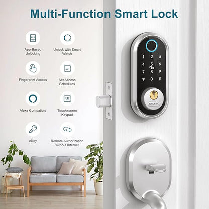Smart Keyless Entry Door Lock - SMONET Fingerprint Electronic Deadbolt Touchscreen Keypad Biometric Digital Bluetooth Door Lock Smart Deadbolt Compatible with Alexa for Homes and Hotel Silver