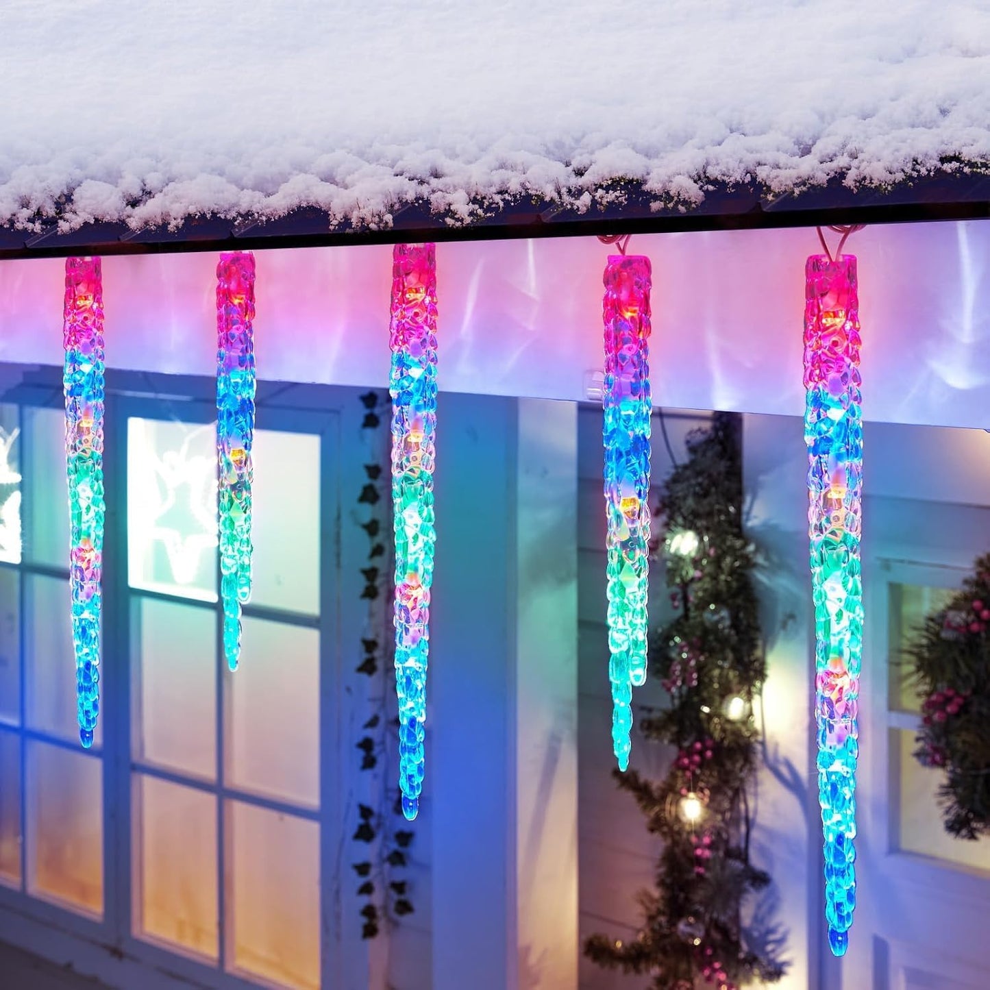 Icicle Lights Outdoor, 2 Pack Total 40ft 40 Tubes 200 LED Ice Shape String Lights, Connectable Hanging Christmas Decoration Lights for Tree Patio Roof Holiday Decor, Multicolor