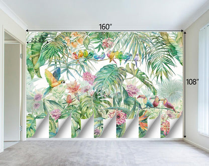 Tropical Green Botanical Flower Birds Leaf Wallpaper Bedroom Plant Floral Mural Room Decor Living Room tv Background Large Wall Mural - 160"x108" (Not Peel and Stick)