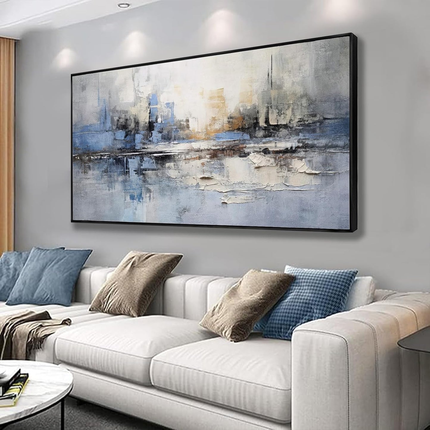 Abstract Wall Art Blue and White Reflection Large Size Framed Artwork Wall Decor Canvas Painting Stretched Canvas Wooden for Living Room Bedroom Office Home Decor Frame ready for hanging 30"x60"