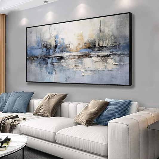 Abstract Wall Art Blue and White Reflection Large Size Framed Artwork Wall Decor Canvas Painting Stretched Canvas Wooden for Living Room Bedroom Office Home Decor Frame ready for hanging 30"x60"