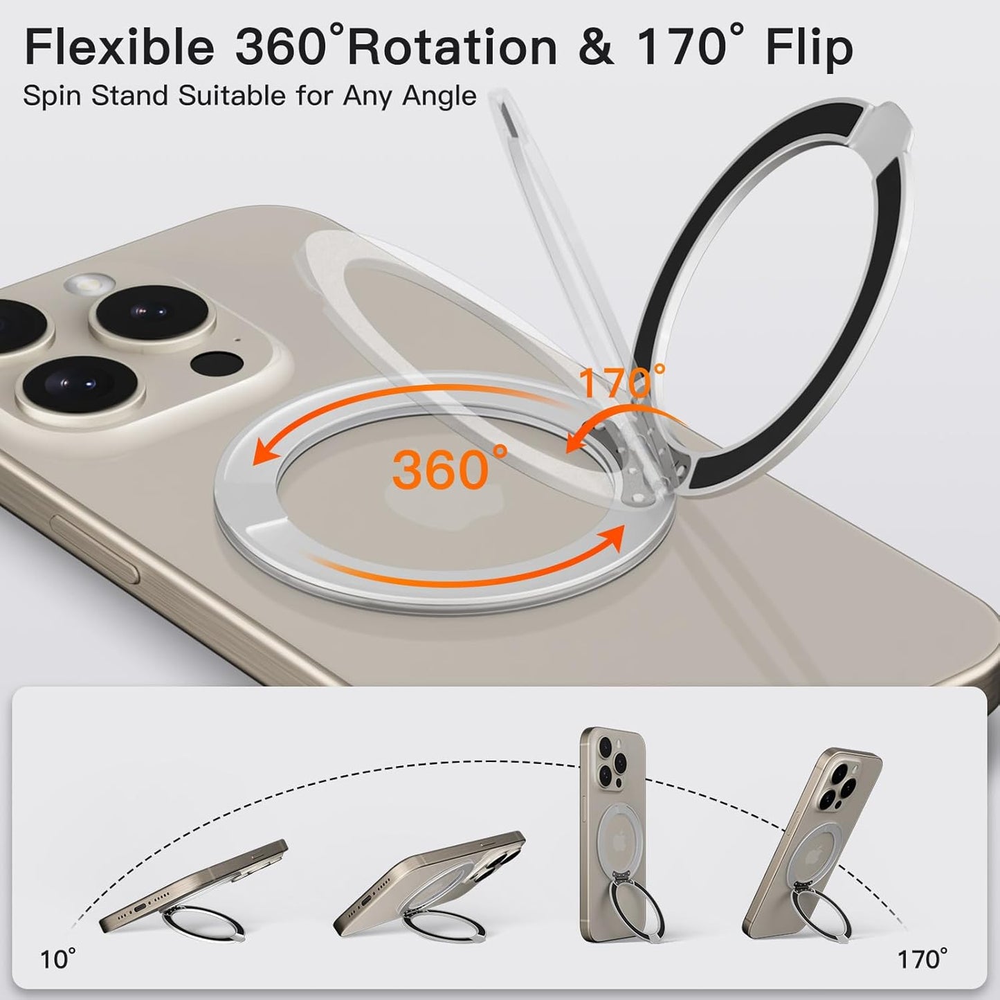 COOLQO 1Pc 360 Spin Cell Grip Ring Phone Stand [Upgrade Gear Hinge Stress Relief] Magnetic Holders for Your car Accessories Desk Mount Compatible with iPhone All Smartphone, Glitter Silver