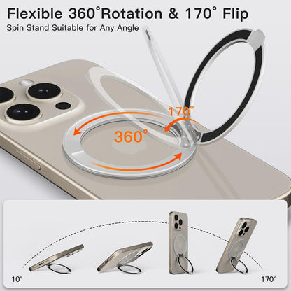 COOLQO 1Pc 360 Spin Cell Grip Ring Phone Stand [Upgrade Gear Hinge Stress Relief] Magnetic Holders for Your car Accessories Desk Mount Compatible with iPhone All Smartphone, Glitter Silver