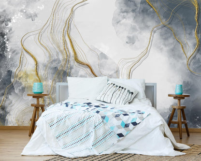 Abstract Grey Marble Wallpaper Large Abstract Gold Wall Mural for Bedroom Living Room Office(Not Peel and Stick)