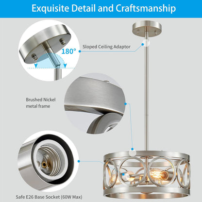 XINGQI Nickel Ceiling Light Adjustable Height Pendant Lighting Fixture 3-Light Metal Lamp 13" Rustic Round Lights for Dining Room Kitchen Bedroom Foyer Hallway