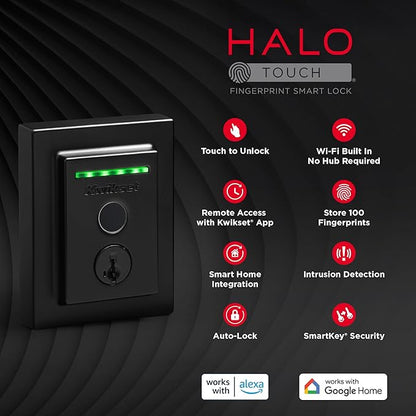 Kwikset Halo Touch Fingerprint Wi-Fi Smart Lock, Keyless Entry Door Deadbolt, Geofence Auto-Unlock, Grade AAA Certified, No Hub Required Easy Install, Matte Black Lifetime Finish Warranty