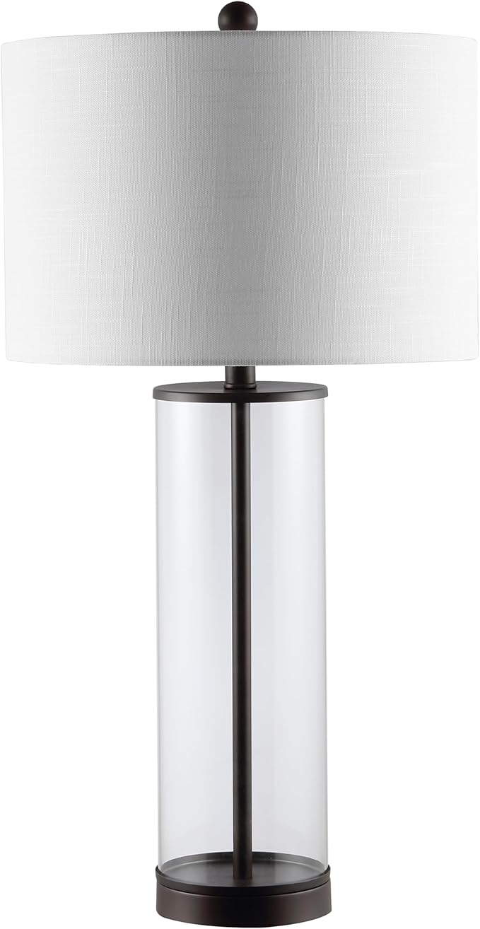 JONATHAN Y 29" Oil Rubbed Bronze/Clear Modern Glass Table Lamp for Living Room Bedroom, Minimalist Nightstand Bedside Lamp, White Linen Drum Shade, LED Bulb Included (JYL2005B)