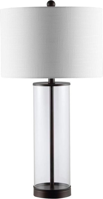 JONATHAN Y 29" Oil Rubbed Bronze/Clear Modern Glass Table Lamp for Living Room Bedroom, Minimalist Nightstand Bedside Lamp, White Linen Drum Shade, LED Bulb Included (JYL2005B)