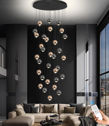 Farmhouse Crystal Chandelier, Luxury Hanging Lights High Ceiling Pendant Lighting for Foyer Staircase 32 Lights Black and Gold Dimmable 2700k-6000k