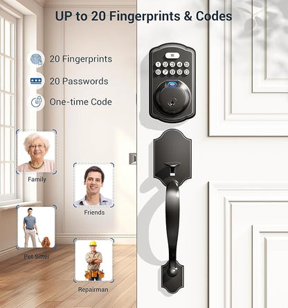 Veise Fingerprint Door Lock Set, Keyless Entry Door Lock, Front Handle Set, Electronic Keypad Deadbolt with Lever Handle, 2 Keys, Auto-Locking, One-time Codes, Easy to Install, Matte Black
