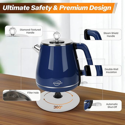 Retro Electric Kettle 1.8L, All Stainless Steel Hot Water Electric Kettle for Boiling Water, BPA Free Tea Kettle, 1350W Fast Boil, Auto Shut Off & Boil-Dry Protection