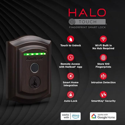 Kwikset Halo Touch Fingerprint Wi-Fi Smart Lock, Keyless Entry Door Deadbolt, Geofence Auto-Unlock, Grade AAA Certified, No Hub Needed Easy Install, Venetian Bronze Lifetime Finish Warranty