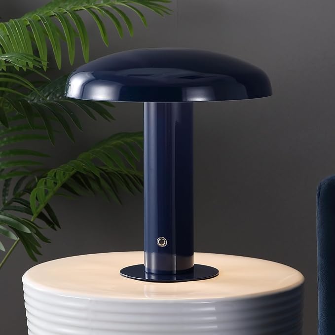 JONATHAN Y 11" Navy Rechargeable LED Mushroom Table Lamp, Cordless Portable Dimmable Mid-Century Modern Accent Lamp, with Metal Shade, Touch Sensor (JYL7114F)