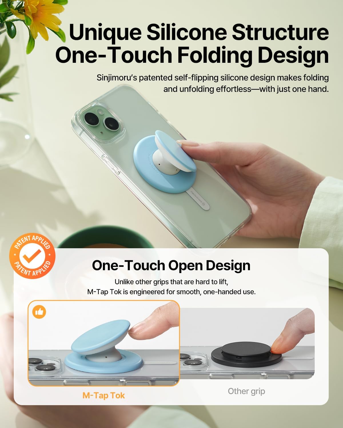 Sinjimoru for MagSafe Phone Grip, Soft Silicone Magnetic Finger Grip for iPhone 16/15/14/13/12, Comfortable One-Touch Holding, M-Tap Tok Lavender