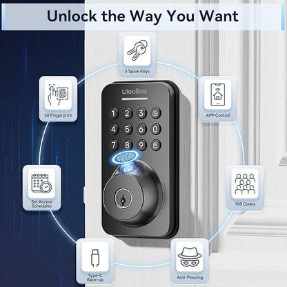 Fingerprint Keypad Deadbolt with Handle Set, Keyless Entry Door Lock, Door Locks for Front Door Lock Set, App Control, Auto Locking, Easy to Install, Matte Black