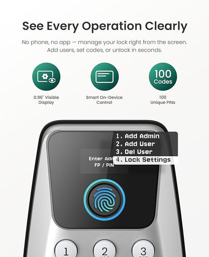 DESLOC C110 Fingerprint Keyless Entry Door Locks, Front Door Smart Lock Deadbolt with 2 Lever Handles,Auto-Lock, Backlit Keypad, 12 Months Battery, lP54 Waterproof, BHMA Grade 3 (Sliver)