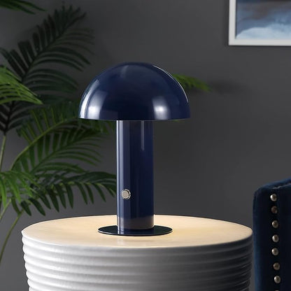 JONATHAN Y 10.75" Navy Rechargeable LED Mushroom Table Lamp, Cordless Portable Bedside Lamp for Living Room Bedroom, 3-Way Dimmable Modern Iron Desk Light, Metal Shade (JYL7115E)