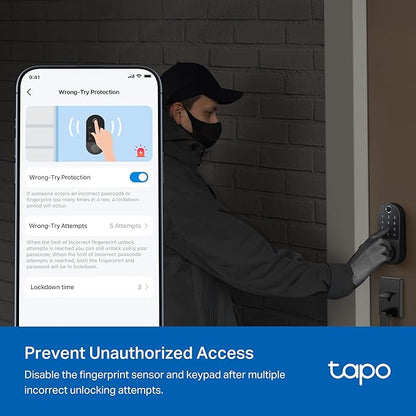 Tapo Smart Wi-Fi Deadbolt Door Lock - Fingerprint Recognition, Keyless Tactile Buttons & in-App Monitoring, Auto-Lock, IP54, BHMA Certified, Compatible with Standard Door Sizes, Tapo DL105