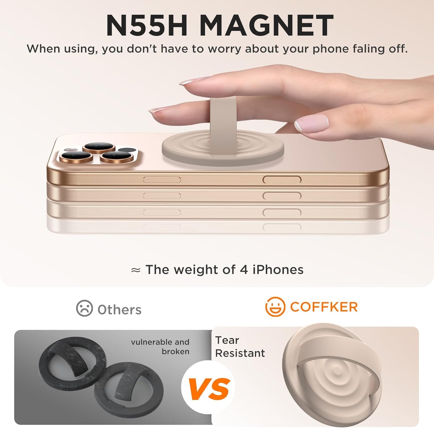 Magnetic Phone Ring Grip Holder, Silicone Finger Loop Grip, Compatible with MasSafe, Back of Phone for iPhone Pro Max/Plus/16/15/15/14/13/12 Series, Oat
