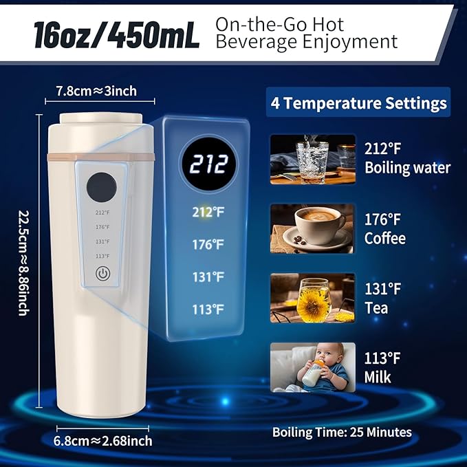 Car Electric Kettle 12V/24V Dual Voltage, Protable Travel Electric Kettle, Small Water Boiler with 4 Temp Control, 316 Stainless Steel,16oz(Beige