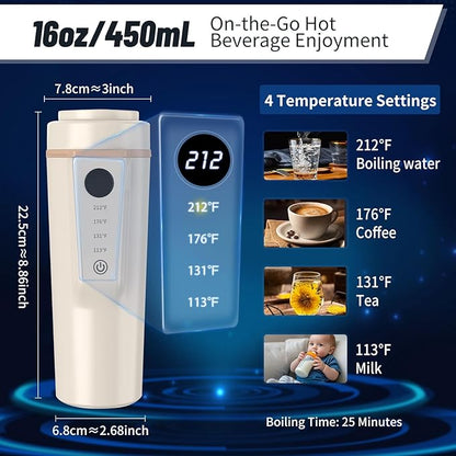 Car Electric Kettle 12V/24V Dual Voltage, Protable Travel Electric Kettle, Small Water Boiler with 4 Temp Control, 316 Stainless Steel,16oz(Beige