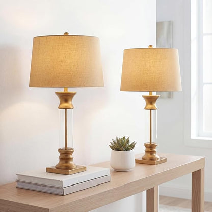JONATHAN Y 32" Gold/Clear Glass Table Lamp Set of 2 for Living Room, Rustic Farmhouse Bedside Nightstand Lamps with Gray Linen Drum Shade, LED Bulbs Included (JYL4000B-SET2)