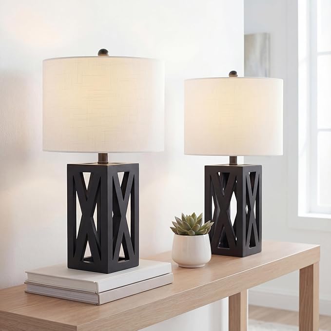 JONATHAN Y 21.5" Black Farmhouse Wood Table Lamp for Bedside and Living Room, White Linen Drum Shade, Rustic Modern Desk Lamp for Bedroom, LED Bulb Included (JYL1062C-SET2)