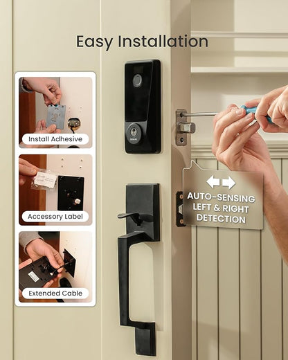 DESLOC Smart Lock D110 Plus with Handle Set, Fingerprint Keyless Entry Door Lock, Built-in Wi-Fi, App Remote Control, Smart Locks for Front Door, Keypad deadbolt with LockVue Display, IP54 (Black)