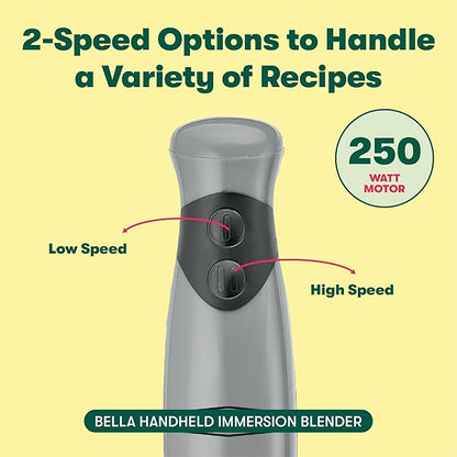 BELLA Immersion Hand Blender, Portable Mixer with Whisk Attachment - Electric Handheld Juicer, Shakes, Baby Food and Smoothie Maker, Stainless Steel, Grey