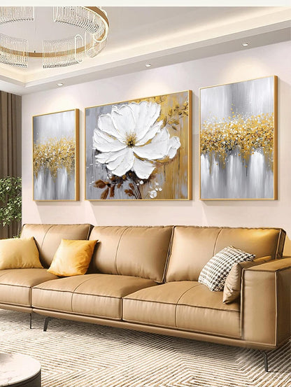 Hand-Painted Flower Oil Painting for Living Room,Framed 3D Gold and White Abstract Wall Art for Bedroom, Large 3 Pieces Floral Wall Painting for Office Home Decor 24x64 inches