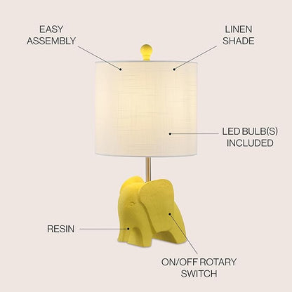 JONATHAN Y 17.5" Yellow Elephant Kids Table Lamp, Whimsical Resin Bedside Lamp with White Linen Drum Shade for Bedroom Playroom Nursery, LED Bulb Included, UL Listed (JYL1143C)
