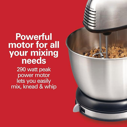 Hamilton Beach Classic Stand and Hand Mixer, 4 Quarts, 6 Speeds with QuickBurst, Bowl Rest, 290 Watts Peak Power, Black and Stainless