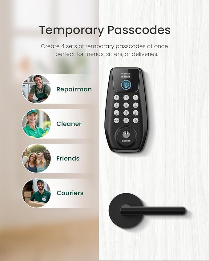 DESLOC C110 Fingerprint Keyless Entry Door Locks, Front Door Smart Lock Deadbolt with 2 Lever Handles, Auto-Lock, Backlit Keypad, 12 Months Battery, IP54 Waterproof, BHMA Grade 3 (Black)