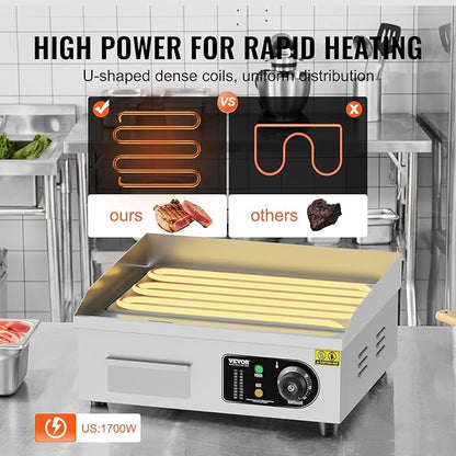 VEVOR Commercial Electric Griddle, 1700W Countertop Flat Top Grill, 18in Stainless Steel Griddle Grill with 2 Shovels and 2 Brushes for Home or Restaurant, 122℉-572 ℉ Adjustable Temp