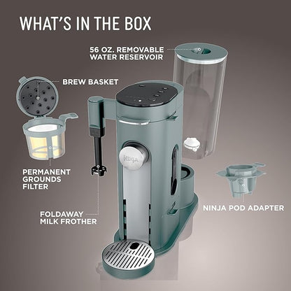 Ninja Pods & Grounds Specialty Single-Serve Coffee Maker, K-Cup Pod Compatible, Built-In Milk Frother, 6-oz. Cup to 24-oz. Travel Mug Sizes, Iced Coffee Maker, 1550 watts, Sage Green, PB051SG