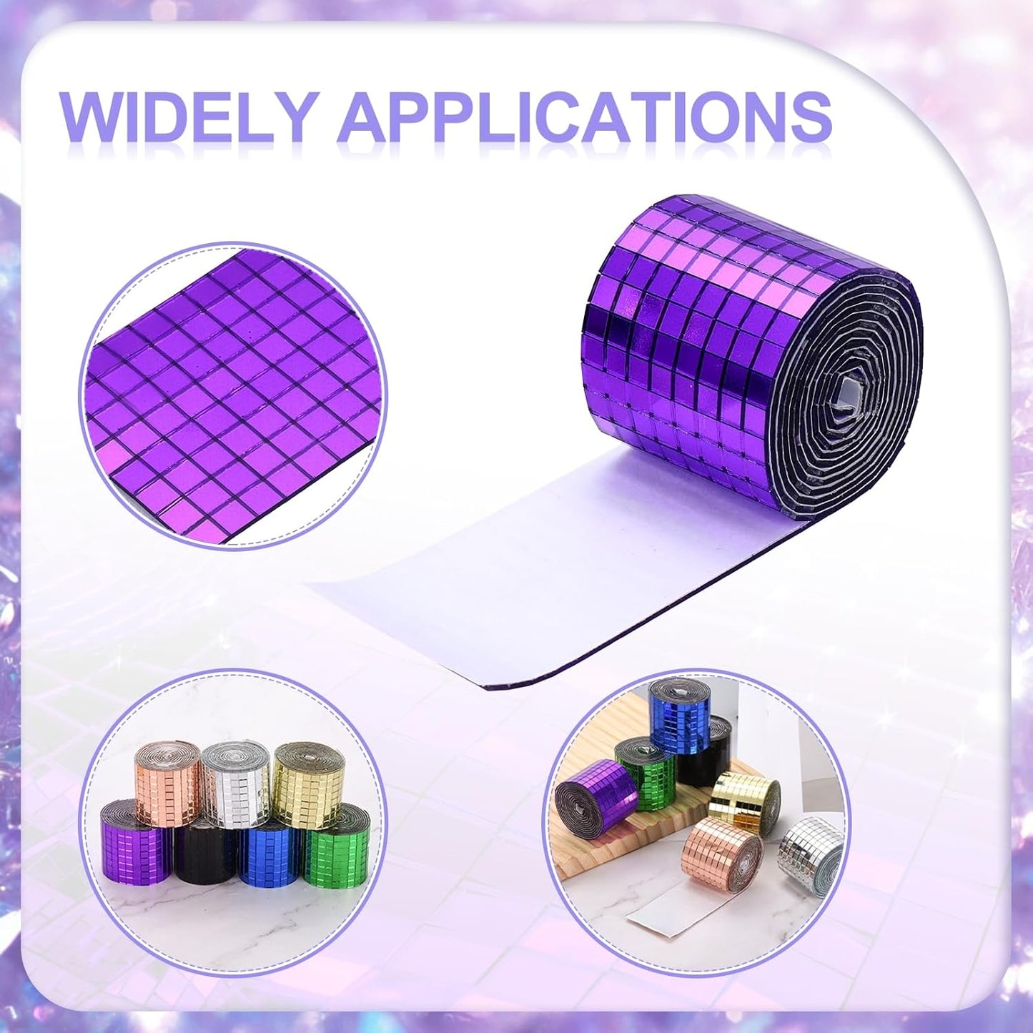 MECCANIXITY Self Adhesive Glass Mirror Mosaic Tiles 3200 Pcs 5 x 5 mm Disco Tiles for Craft Decoration Glass Mirror Disco Ball 2 Rolls (Purple/Green)