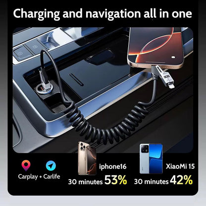 65W 4-in-1 Retractable Fast Charging Cable, 2M/6.5ft Spring Coiled USB-C to L/USB-C/USB-A Multi-Device Cord for iPhone 15/14/13, iPad, Samsung, MacBook, Laptop, Car, Tablet