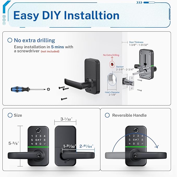 Keypad Smart Door Lock with Handle: Kucacci Keyless Entry Fingerprint Lock - Digital Code Handle with Keypad - Electronic Smart Knob for Front Door - Deadbolt Alternative with App - Easy Installation