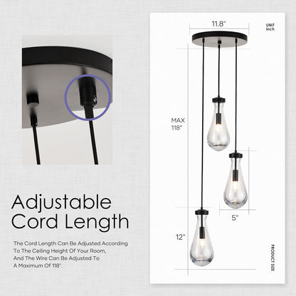 3-Light Raindrop Pendant Light Fixtures, Black Glass Pendant Lighting, Teardrops Modern Hanging Light for Entryway Foyer Kitchen Island Dining Living Room Hallway